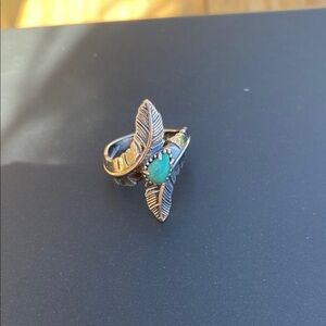 .925 Silver Feather Ring with Turquoise Stone American West
